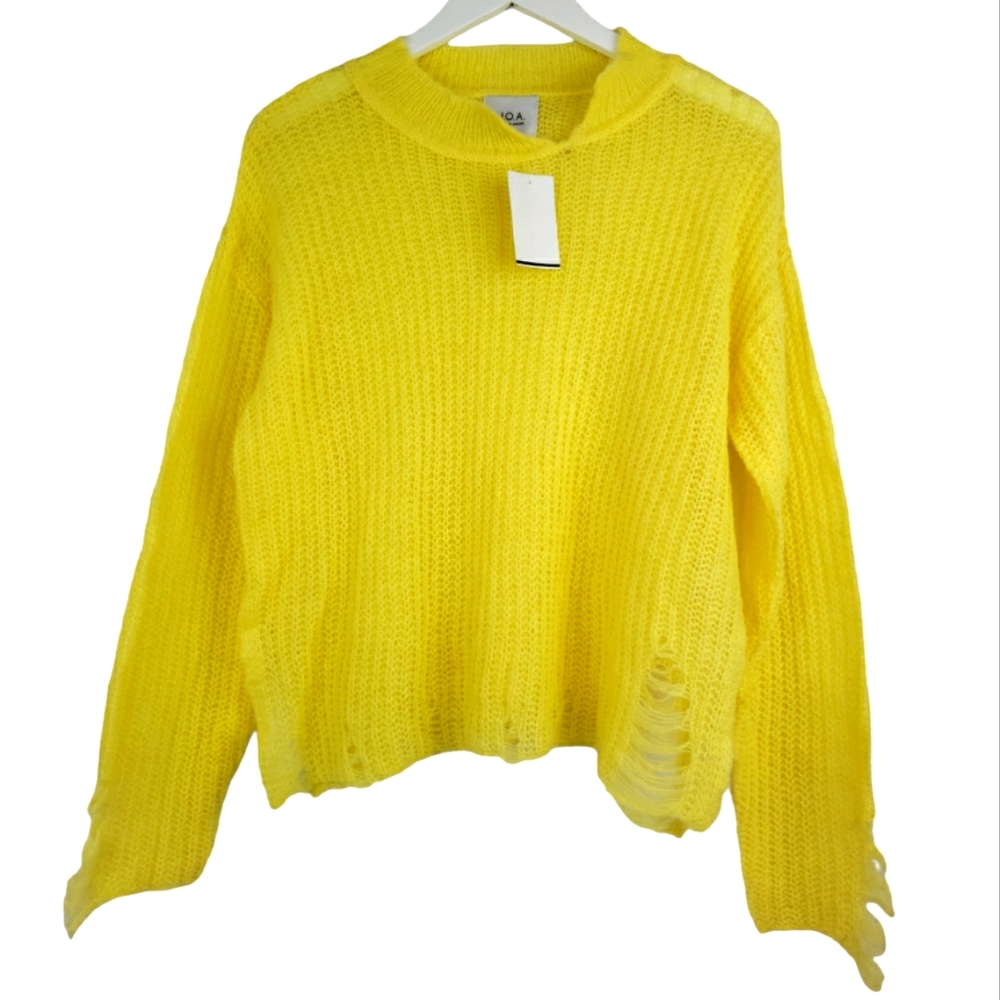 J.O.A. NWT Open Knit Sweater Size Small in Yellow Distressed Lightweight